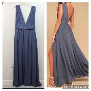 NEW, LULU’s formal maxi gown, leg slit, deep V neck, flowing chiffon dress